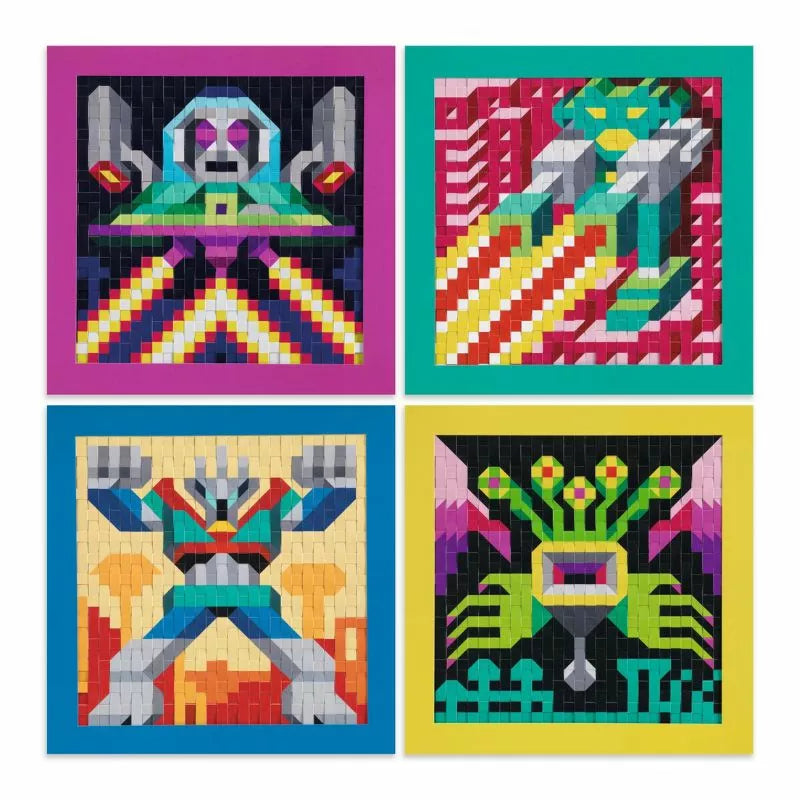 Four Djeco Paper Creations Invaders squares with different designs on them.