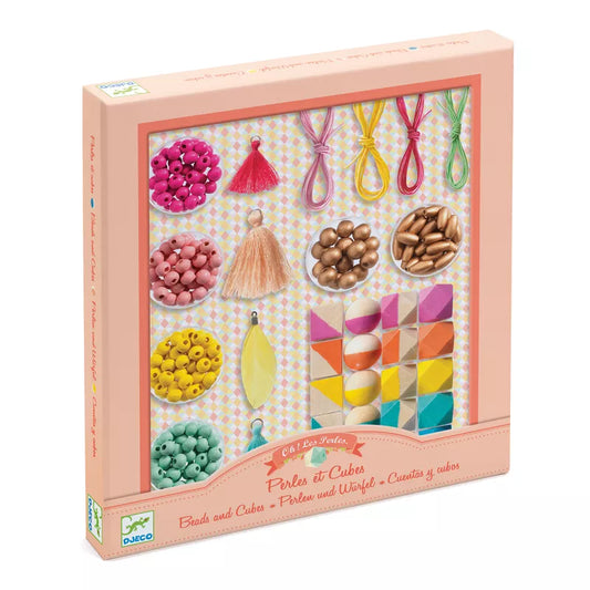 A pink box of Djeco Beads and Cubes.