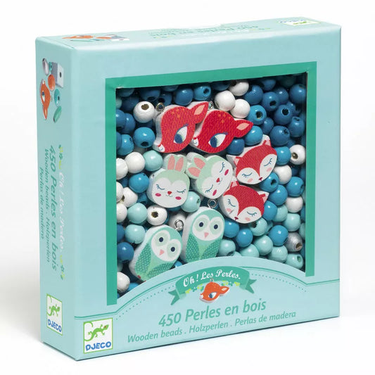 A box of Djeco Wooden Beads, Small animals with a picture of two fish.