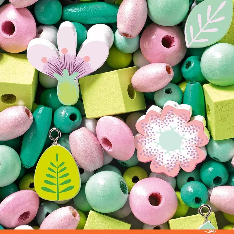 A close up of Djeco Wooden Beads, Flowers and Foliage.