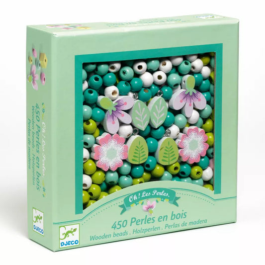 A box of Djeco Wooden Beads with Flowers and Foliage.
