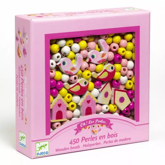 A Djeco pink box filled with lots of colorful Djeco Wooden Beads, bird.