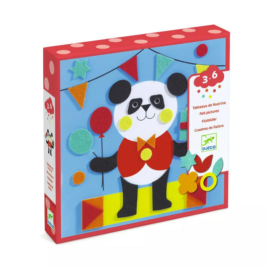 A box of Djeco Felt Collages Gentle Creatures with a picture of a panda bear on it.