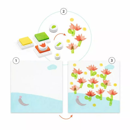 A picture of Djeco Stamps With flowers and a picture of a plant.