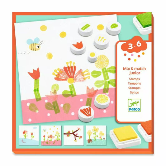 Flower and nature-themed stamps for children on a table