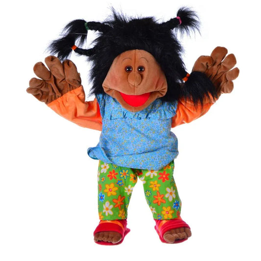 Child Hand Puppet with hands in the air and black ponytails.