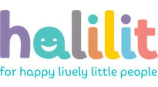 The Halilit logo in colorful letters with a smiling face in the letter "a." Below, it says "for happy lively little people" in light blue text.