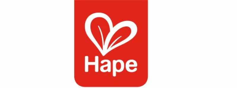 Red logo featuring a white outline of a heart above the word "Hape" written in bold, lowercase white letters.