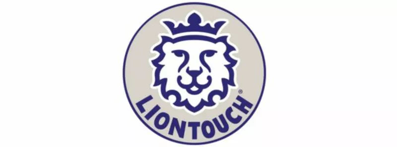 Circular logo with a stylized lion's head wearing a crown, outlined in blue with the word "LIONTOUCH" below the face in bold blue letters.