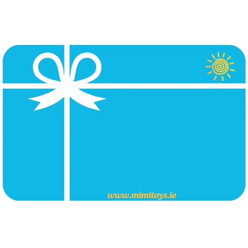 A blue gift card with a white ribbon and bow design, a small yellow sun icon in the top right corner, and "www.mimitoys.ie" written at the bottom in yellow text.