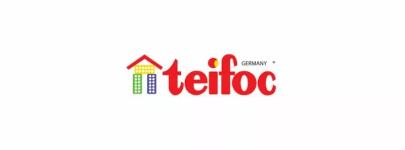 Logo of Teifoc Toys Germany with the symbol of a house made from play blocks.