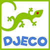 A green gecko with a red eye is above the blue word "DJECO," all inside a green square border on a white background.