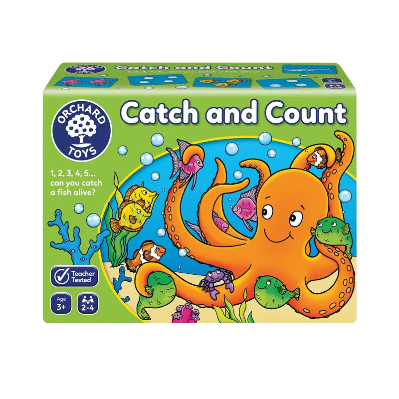 The "Catch & Count" game by Orchard Toys comes in a vibrant box featuring a cartoon orange octopus grasping colorful fish. Designed for ages 3 and up, it accommodates 2-4 players. The box's bright green background is adorned with bubbles.