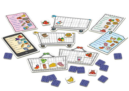 An illustration featuring game pieces from the Orchard Toys Shopping List, showing shopping carts, baskets, and lists adorned with vibrant images of food items such as fruits, vegetables, eggs, and dairy. Blue tiles with text are scattered throughout the scene.