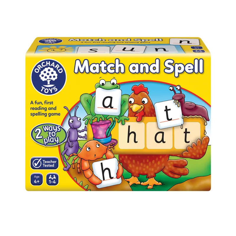 Orchard Toys Match And Spell game set comes in a box, showcasing illustrated animals and contains letter tiles to form words like "hat." Suitable for children aged 4 and up, it provides two playing options to help develop early reading and spelling skills.