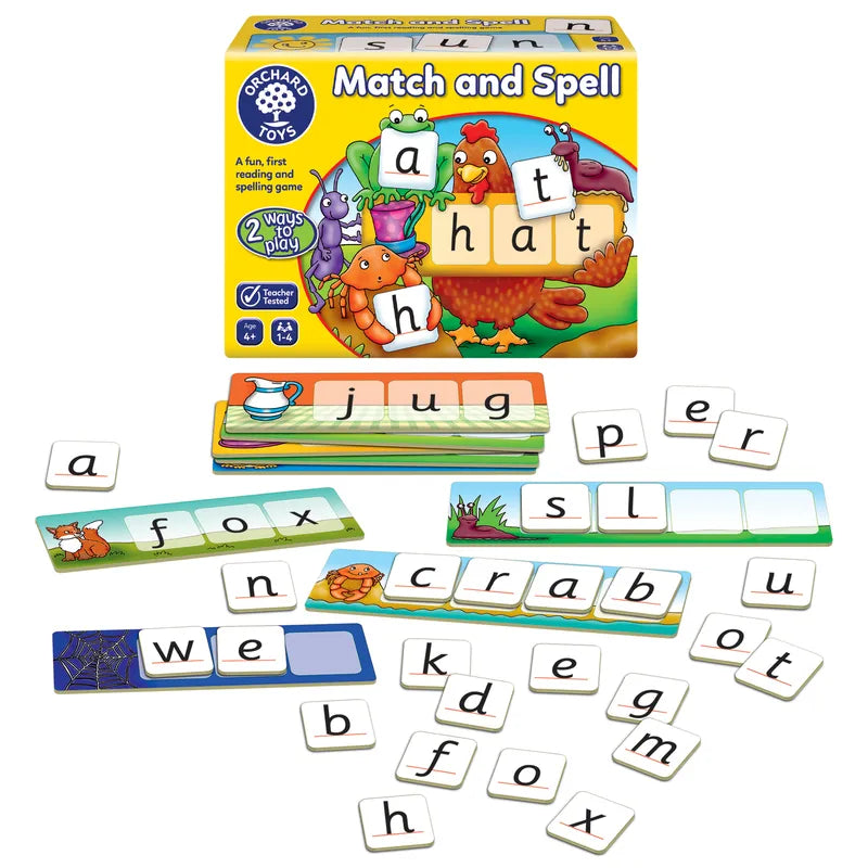 The "Orchard Toys Match And Spell" board game set comes with a vibrant box, illustrated cards, and letter tiles that allow children to form words. It is designed for kids aged 4-7.