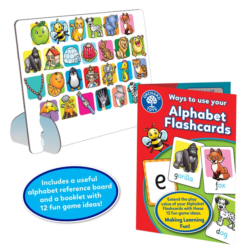 The Orchard Toys Alphabet Flashcards package features a vibrant set of alphabet flashcards and a reference board, showcasing a variety of illustrated animals and objects. It also includes a booklet containing 12 engaging game ideas designed to promote learning through play.