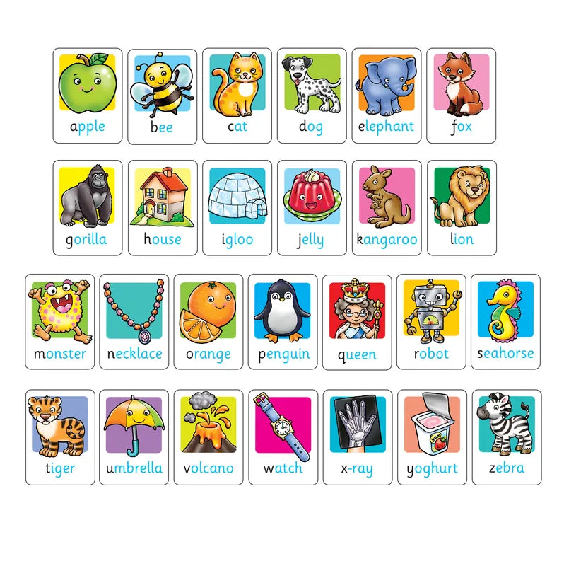 The Orchard Toys Alphabet Flashcards feature a grid of illustrated cards with an alphabet theme, where each card showcases a letter paired with a vibrant image such as an apple, bee, cat, dog, elephant, fox, gorilla, house, igloo, jelly, and more up to zebra. Each card has a unique background color.