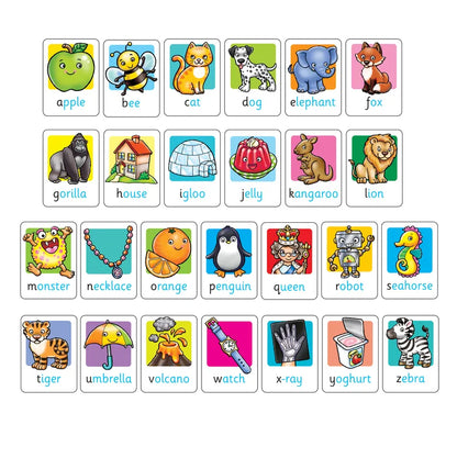 The Orchard Toys Alphabet Flashcards feature a grid of illustrated cards with an alphabet theme, where each card showcases a letter paired with a vibrant image such as an apple, bee, cat, dog, elephant, fox, gorilla, house, igloo, jelly, and more up to zebra. Each card has a unique background color.