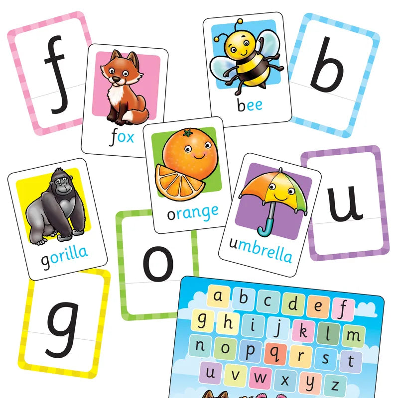 Orchard Toys Alphabet Flashcards feature colorful cards with charming illustrations: a fox for "f," a bee for "b," a gorilla for "g," an orange for "o," and an umbrella for "u." Additionally, the set includes a pastel-colored letter grid at the bottom.