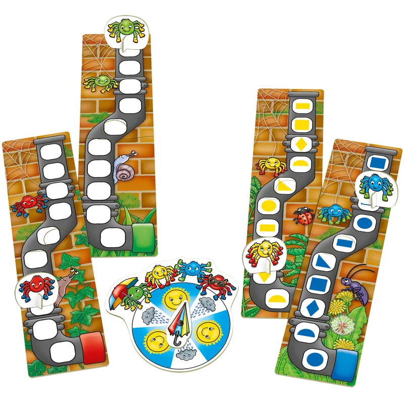 The Orchard Toys Insey, Winsey Spider is a vibrant board game featuring four spider-themed tracks, each decorated with spaces and webs. A central spinner showcases sun and rain icons to determine various game outcomes. Each track is embellished with cartoon spiders against a brick background.