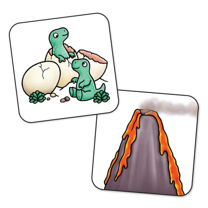 Illustration from the Orchard Toys Dinosaur Lotto game featuring two green dinosaurs emerging from their eggs amid small plants, with an erupting volcano in the background, lava cascading down its sides and smoke billowing upwards.