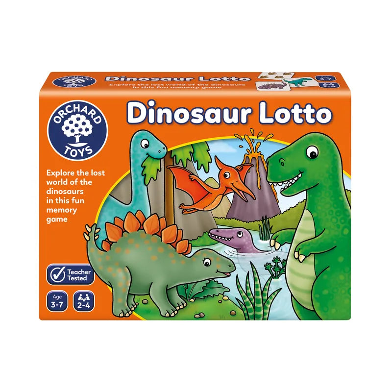 The image displays the packaging of "Orchard Toys Dinosaur Lotto," a memory game designed for children aged 3-7. The vibrant box showcases various cartoon dinosaurs, such as a T-Rex and Stegosaurus, set in a jungle scene featuring both a volcano and a waterfall.