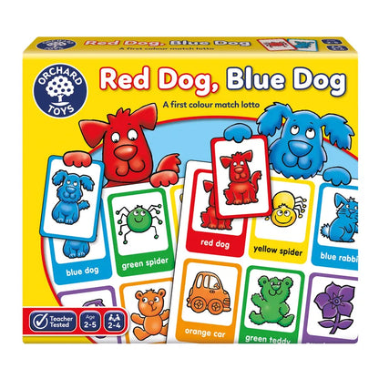 The image displays a vibrant game box for children called "Orchard Toys Red Dog, Blue Dog." It showcases cartoon illustrations of animals and objects in different colors, such as red and blue dogs, all set against a yellow background.