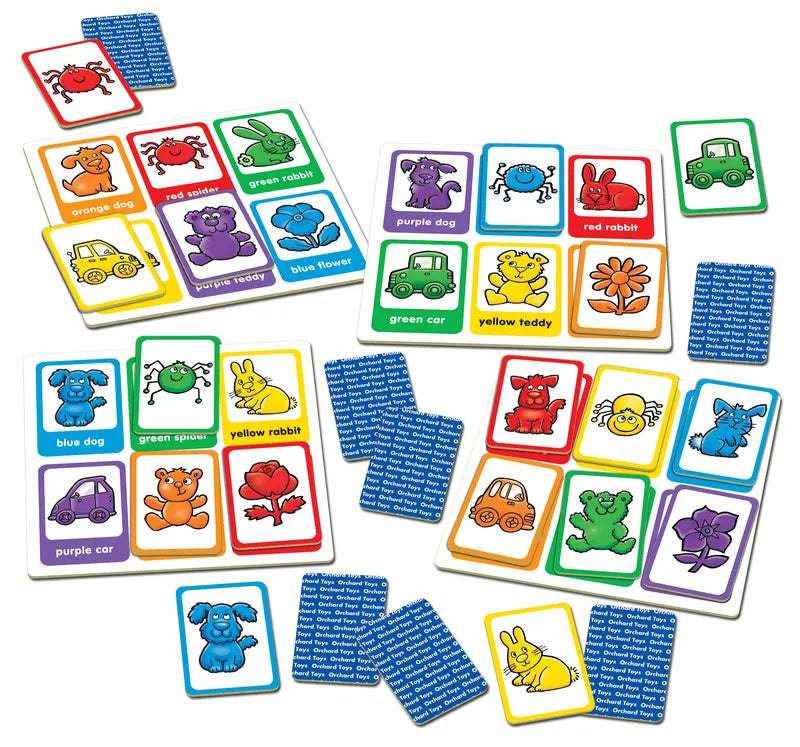 Introducing Orchard Toys Red Dog, Blue Dog: a vibrant children's matching game featuring numerous cards with colorful depictions of animals and objects. The cards include images such as a red rabbit, orange dog, green tractor, and more, each paired with labeled counterparts against a white backdrop.