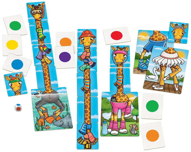 Illustration of the Orchard Toys Giraffes In Scarves board game, showcasing giraffes adorned in a range of outfits with uniquely colored spots. Around them are cards displaying single-colored circles and a die featuring colored dots, creating a playful and vibrant scene.