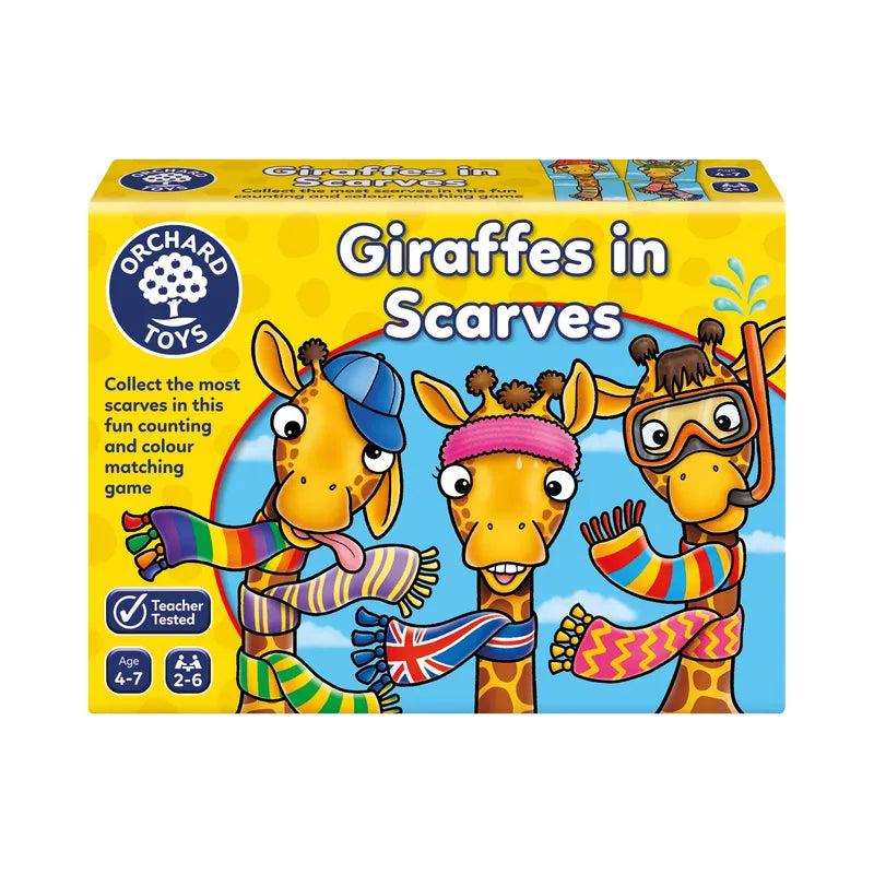 Box of "Orchard Toys Giraffes In Scarves" game. It showcases three cartoon giraffes adorned with vibrant scarves and accessories. The game is suitable for children aged 4-7 and accommodates 2-6 players.