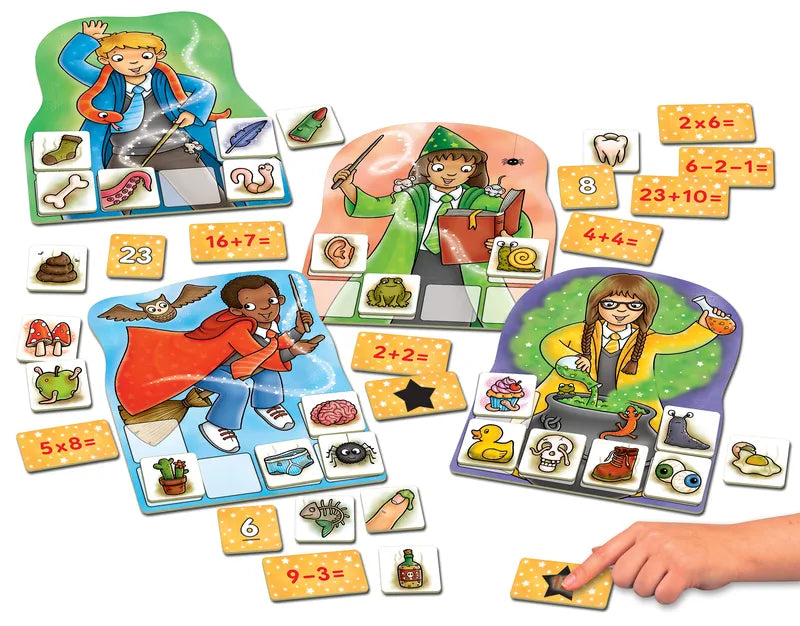 Orchard Toys Magic Maths is a vibrant educational board game that showcases illustrated characters each holding different items. The board is adorned with numbered tiles and math equations, inviting interactive play and learning as a hand reaches for a tile.