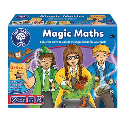 A vibrant box of Orchard Toys Magic Maths features three children dressed as wizards, gathered around a cauldron filled with enchanting items and ingredients. The text invites players to solve math problems to uncover answers. This engaging game is designed for 2-4 players aged 5-7.