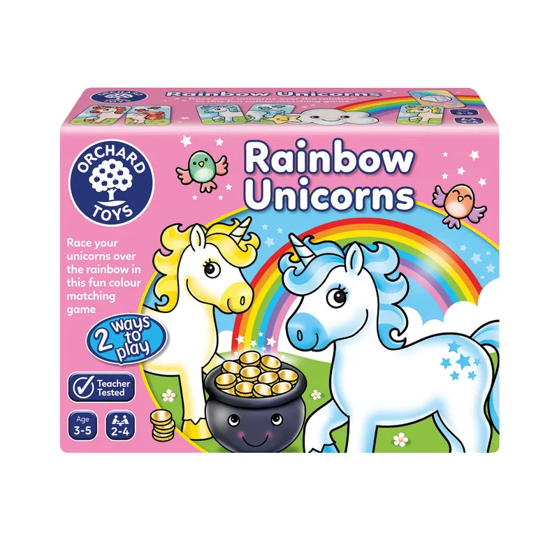 The box for Orchard Toys Rainbow Unicorns showcases two vibrant unicorns, a rainbow, and a pot of gold. It is designed for children aged 3-5 and accommodates 2-4 players, with "Teacher Tested" prominently featured. The design is bright and playful.