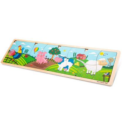 The New Classic Toys Farm Puzzle 4 in 1 is a colorful, wooden puzzle featuring various farm animals in a playful scenic background. The pieces depict a rooster, pig, cow, and sheep amidst green fields, a red barn, and blue skies. Perfect for toddlers.