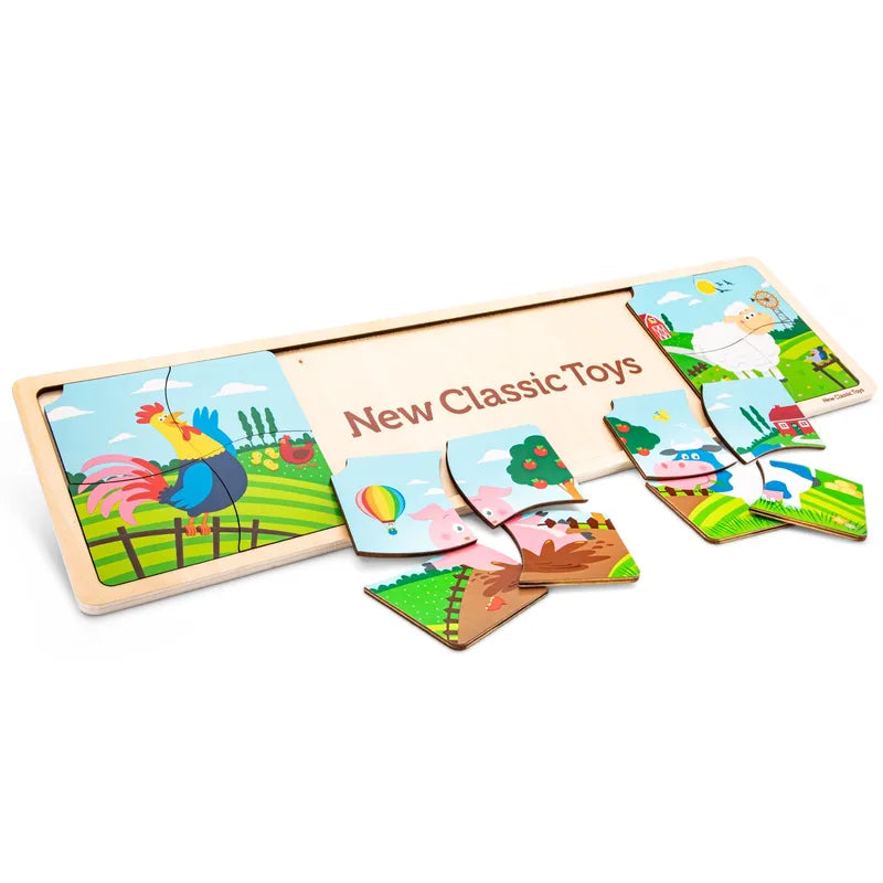 The New Classic Toys Farm Puzzle 4 in 1 is a multi-piece wooden farm animal puzzle featuring colorful scenes with a rooster, pig, sheep, hot air balloons, and trees. Perfect for toddlers, some pieces are assembled while others are scattered around the base.