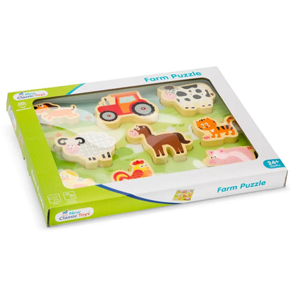 Introducing the New Classic Toys Chunky Farm Puzzle, a delightful boxed farm puzzle toy featuring wooden pieces shaped like a tractor, cow, sheep, horse, chicken, and cat. The vibrant box sports a green, white, and blue color scheme with prominent labels for "Farm Puzzle" and "New Classic Toys." This engaging wooden puzzle is perfect for children aged 24 months and up.