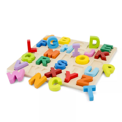 A New Classic Toys Alphabet Puzzle Uppercase with colorful letters and shape sorting on it.