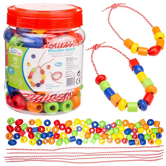 New Classic Toys Wooden Beads, an educational toy filled with a jar of colorful wooden beads and a jar of string.