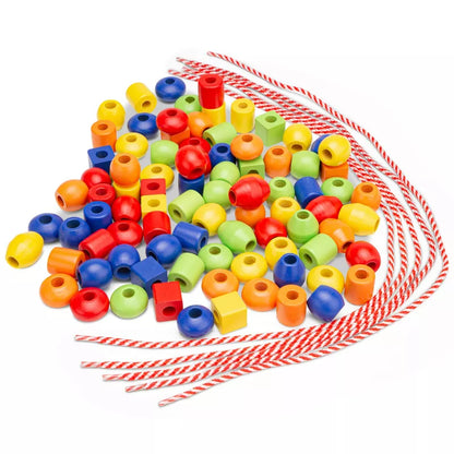 A bunch of New Classic Toys Wooden Beads on a white background, perfect for fostering educational creativity.