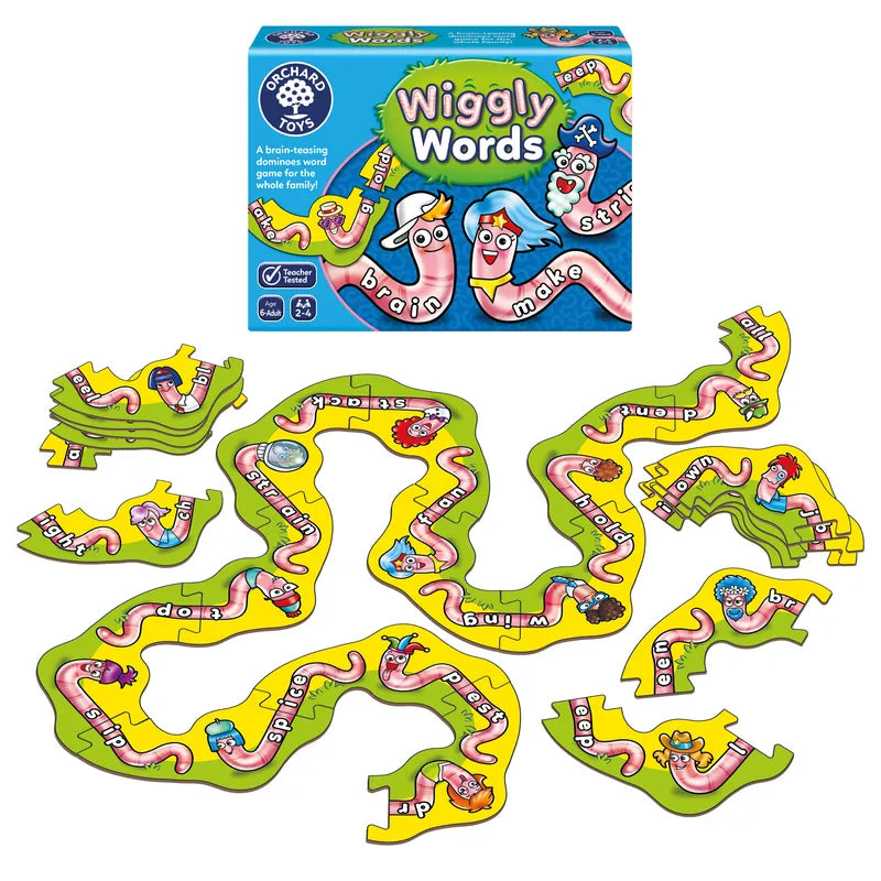 Introducing "Orchard Toys Wiggly Words," a vibrant board game that showcases a wiggly worm-themed path made of interlocking pieces. Each piece displays words alongside cartoon worms with different expressions. The packaging features cheerful illustrations of worms and prominently displays the game's name.