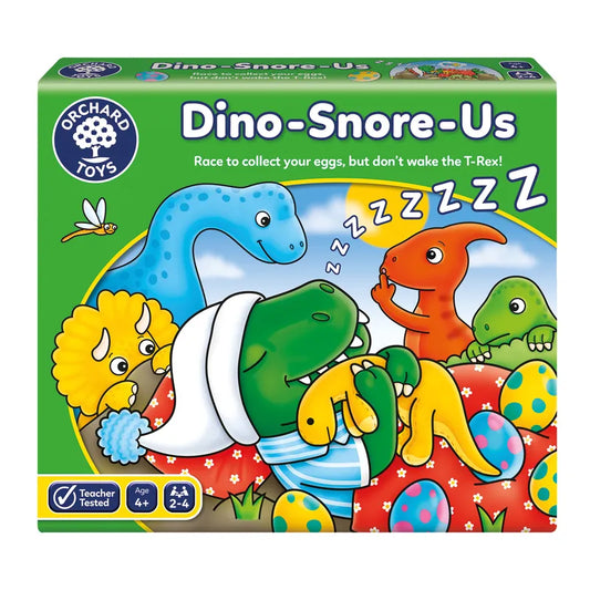 The image showcases the Orchard Toys Dino-Snore-Us board game box, displaying vibrant cartoon dinosaurs, including one wearing a nightcap and asleep, while others watch. This game is designed for 2 to 4 players aged 4 and up.