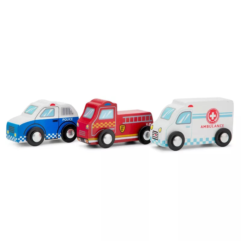 The New Classic Toys Vehicles set of 3 – Ambulance, Fire and Police features three charming wooden vehicles perfect for little car enthusiasts. On the left is a blue and white police car, in the middle is a red fire truck, and on the right is a white ambulance with a red cross. These toddler toys boast simple designs that are ideal for young children.