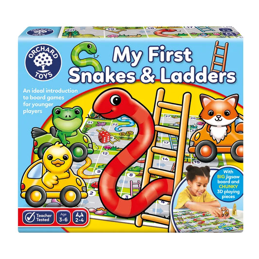 Box cover for "Orchard Toys My First Snakes & Ladders." It features cartoon animals such as a snake, frog, fox, and duck. This board game is designed for ages 3-6 and includes chunky 3D playing pieces.