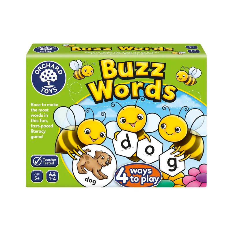 Orchard Toys Buzz Words is a game that showcases cartoon bees with letters and includes an illustration of a dog forming the word "dog." It's designed for ages 5 and up, accommodates 1-4 players, offers four ways to play, and comes in bright yellow and green packaging.