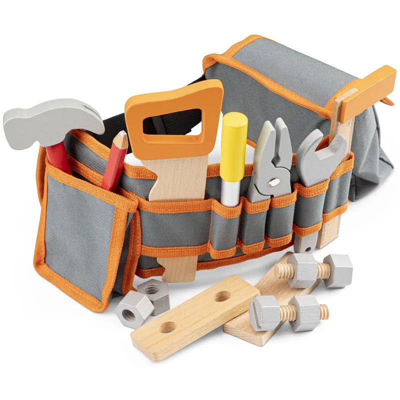 The New Classic Toys Tool Belt Orange is a children's wooden toy tool belt that includes various tools such as a hammer, wrench, pliers, saw, screwdriver, and nuts and bolts. The gray fabric toolbelt features orange trim and multiple pockets to hold the tools for fun role play. Some tools are conveniently placed at the front for easy access.