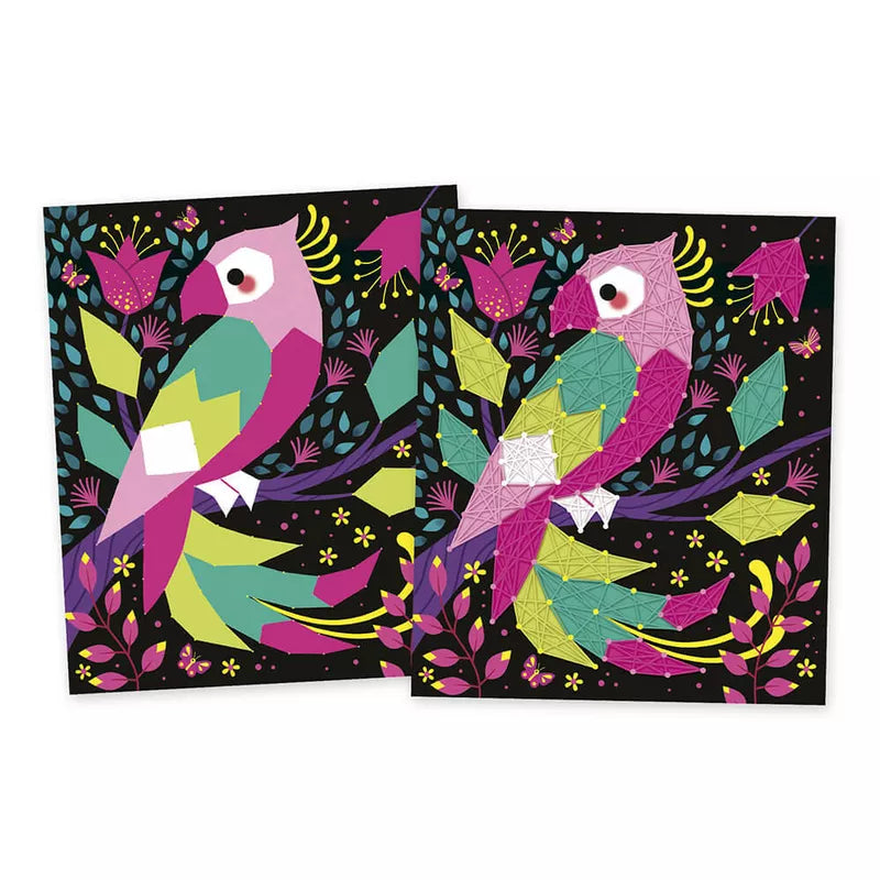 A Janod 2 String Art Jungle Animal to Make with colorful birds on it.