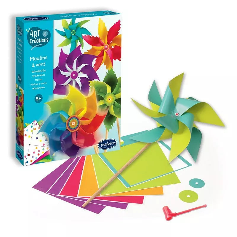 Sentosphere Windmills craft kit with colorful paper and scissors, inspired by traditional French windmills.