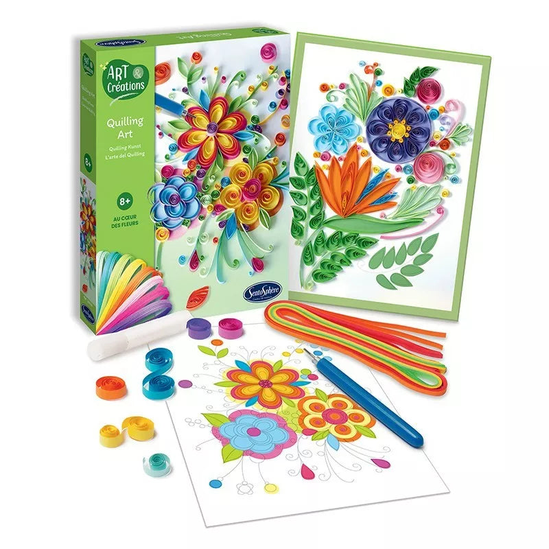 A Sentosphere Quilling Art Flowers craft kit with colored pencils and a box.