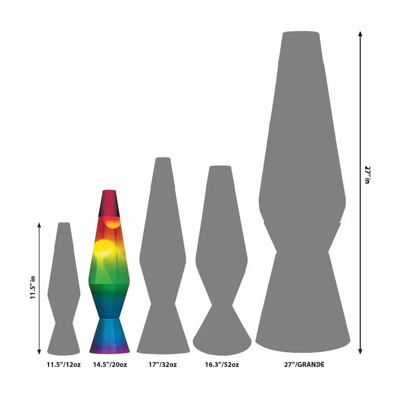 The image features a size comparison of lava lamps. The smallest is 11.5 inches in vibrant colors as a sensory accessory, while others are grayscale silhouettes—sizes 14.5" Rainbow LAVA Lamp, 16.3", 17", and towering 27"—each labeled with their size in ounces.